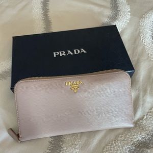 PRADA: Soft Pink Saffiano Leather & Gold Logo Wallet